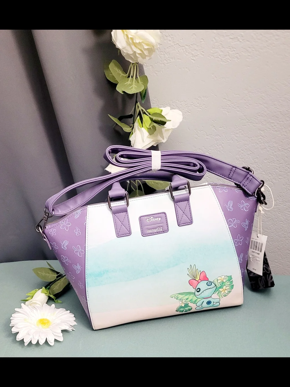 Disney Purple Stitch Floral Print Tote Bag with Pastel Front Art